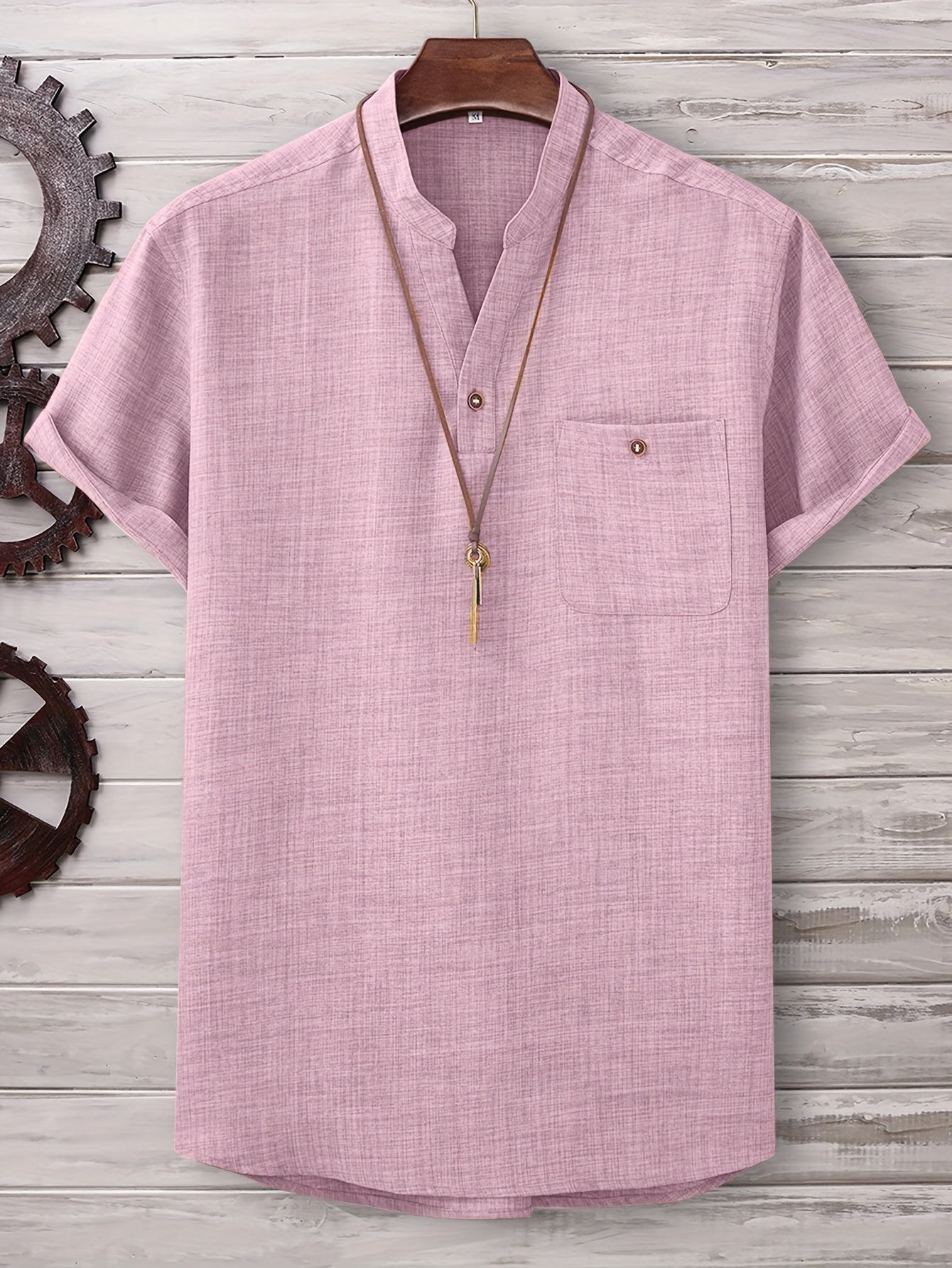 Men's Solid Stand Collar Shirt Chest Pocket Shirt