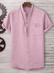 Men's Solid Stand Collar Shirt Chest Pocket Shirt