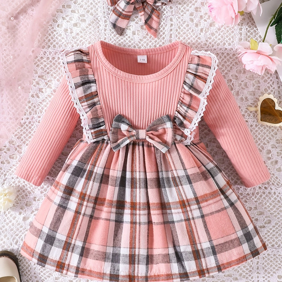 Baby Girl Ruffle Trim Plaid Dress Headband Set