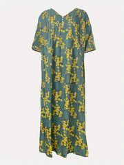  Floral Print V Neck Maxi Pleated Dress