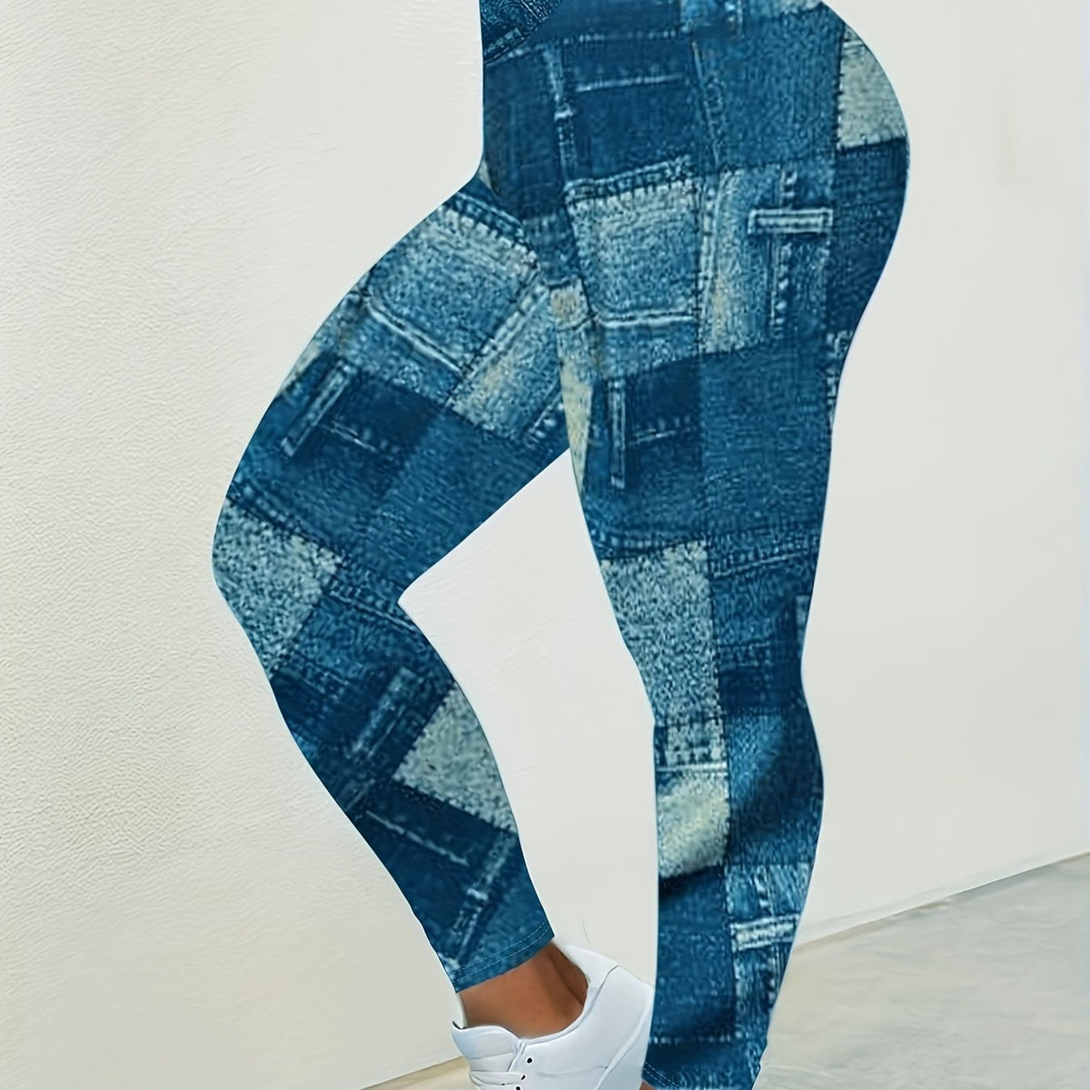  Colorblock Denim Print High Rise Leggings
