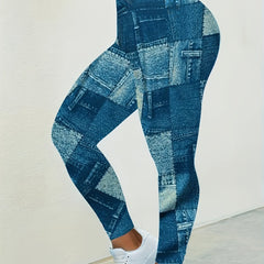  Colorblock Denim Print High Rise Leggings