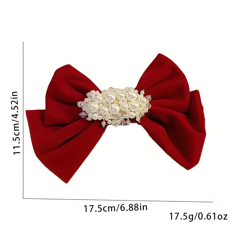 Bow & Faux Pearl Hair Clip Velvet Barrette Headwear