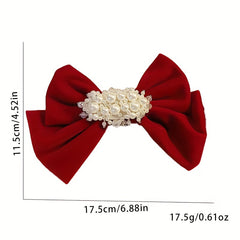 Bow & Faux Pearl Hair Clip Velvet Barrette Headwear