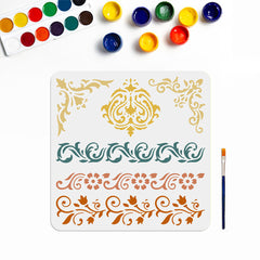 US PET Hollow Out Stencils with Paint Brushes Floral Pattern