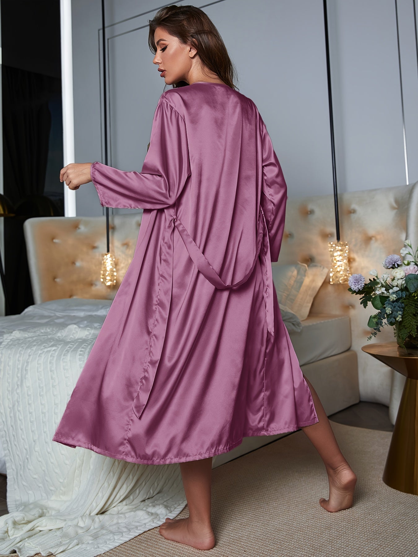 Women's V-Neck Chemise & Robe Set - Loungewear & Sleepwear