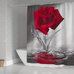 Romantic Floral Red Rose Shower Curtain Set with Non Slip Mat and Hooks