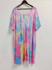  Tie Dye Boat Neck Pleated Midi Dress With Pockets