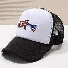 Fish Bone Print Trucker Hat Unisex Hip Hop Breathable Mesh Baseball Cap