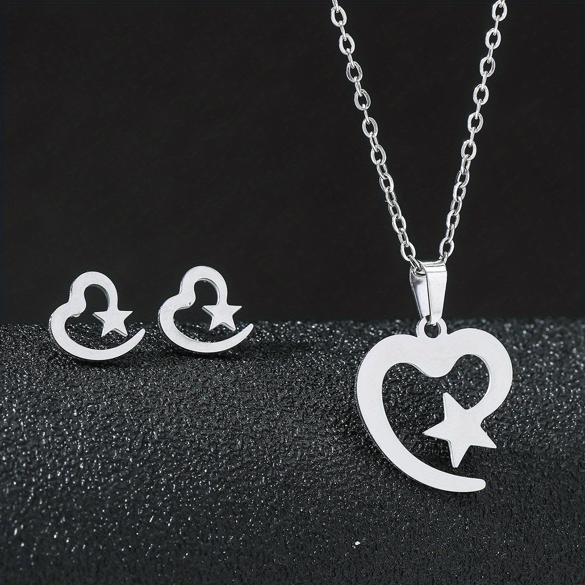 Stainless Steel Butterfly Flower Heart Stud Earrings & Necklace Set
