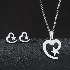 Stainless Steel Butterfly Flower Heart Stud Earrings & Necklace Set