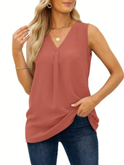  Solid Chiffon V Neck Pleated Tunic Tank Top