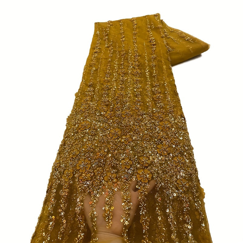 Golden African Organza Lace Fabric High French Beads Lace Sequins Tulle Lace Fab