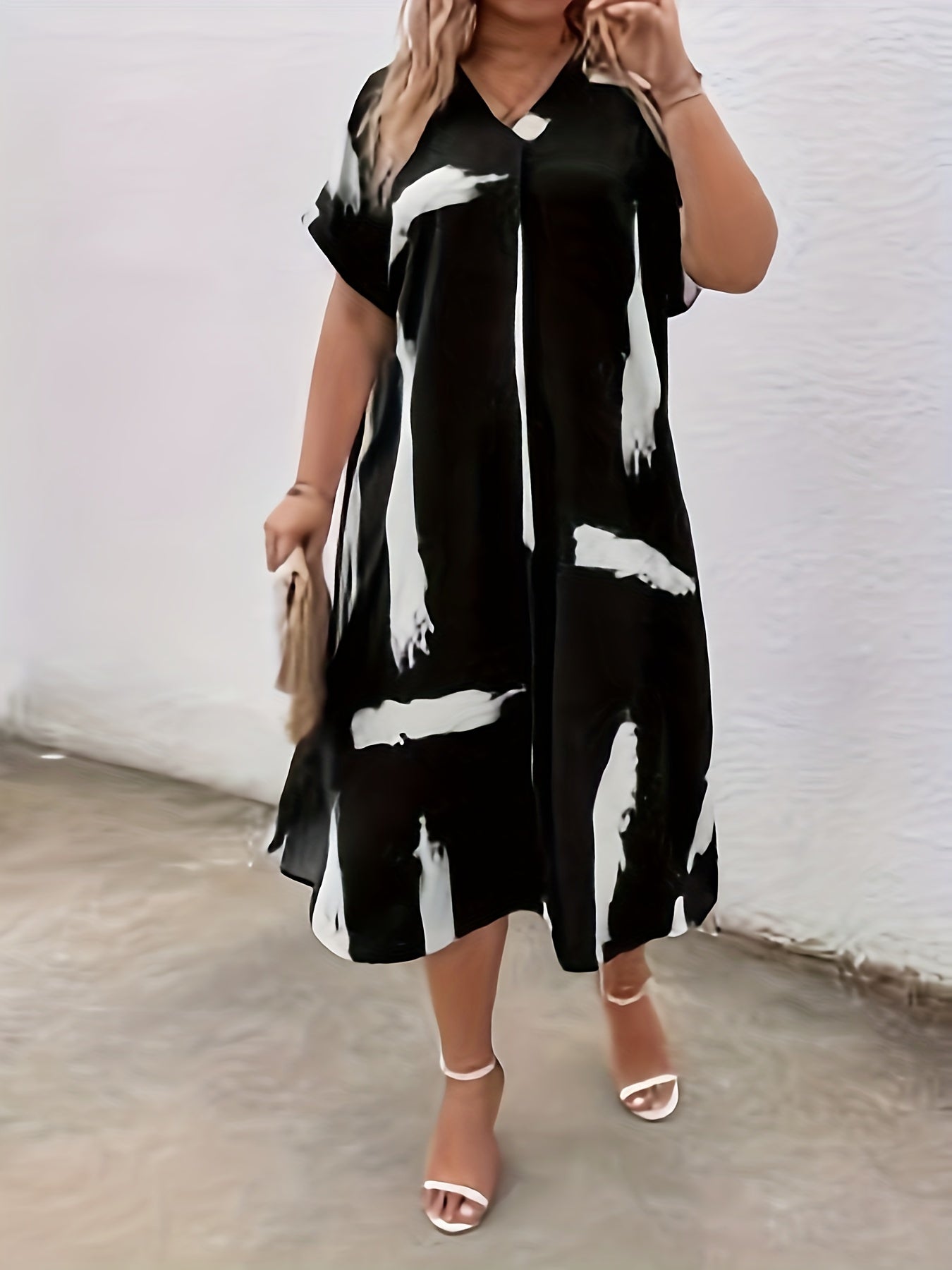  Casual Dress Women's Plus Brush Print Batwing Sleeve V Neck Dress