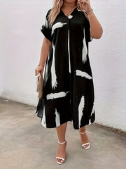  Casual Dress Women's Plus Brush Print Batwing Sleeve V Neck Dress