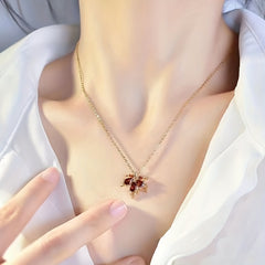 Adjustable Ring Necklace And Earrings Set Red Leaf Artificial Diamond