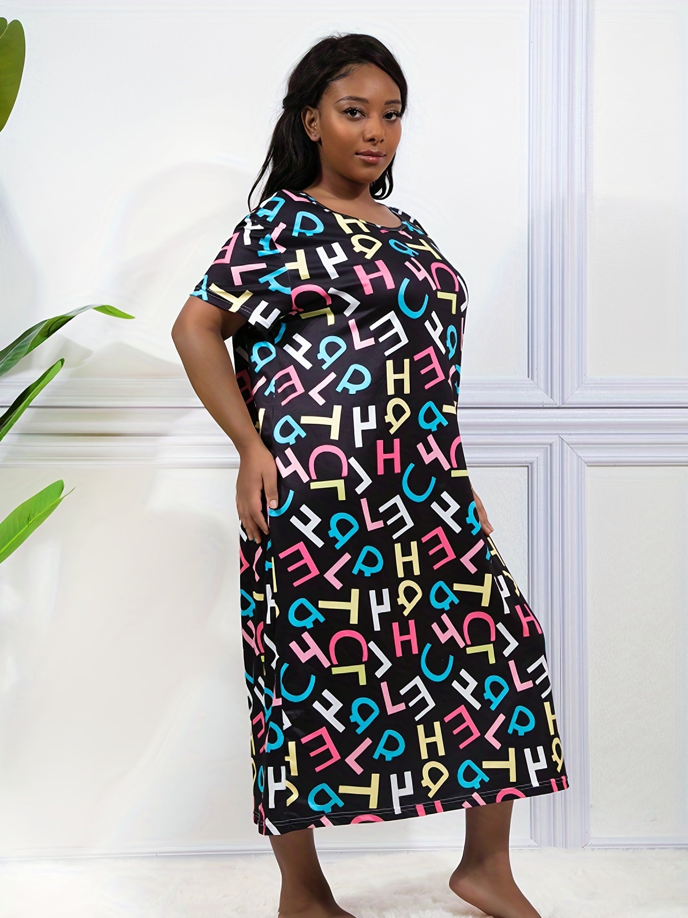  Casual Loungewear Dress Colorful Letter Print Short Sleeve Nightdress