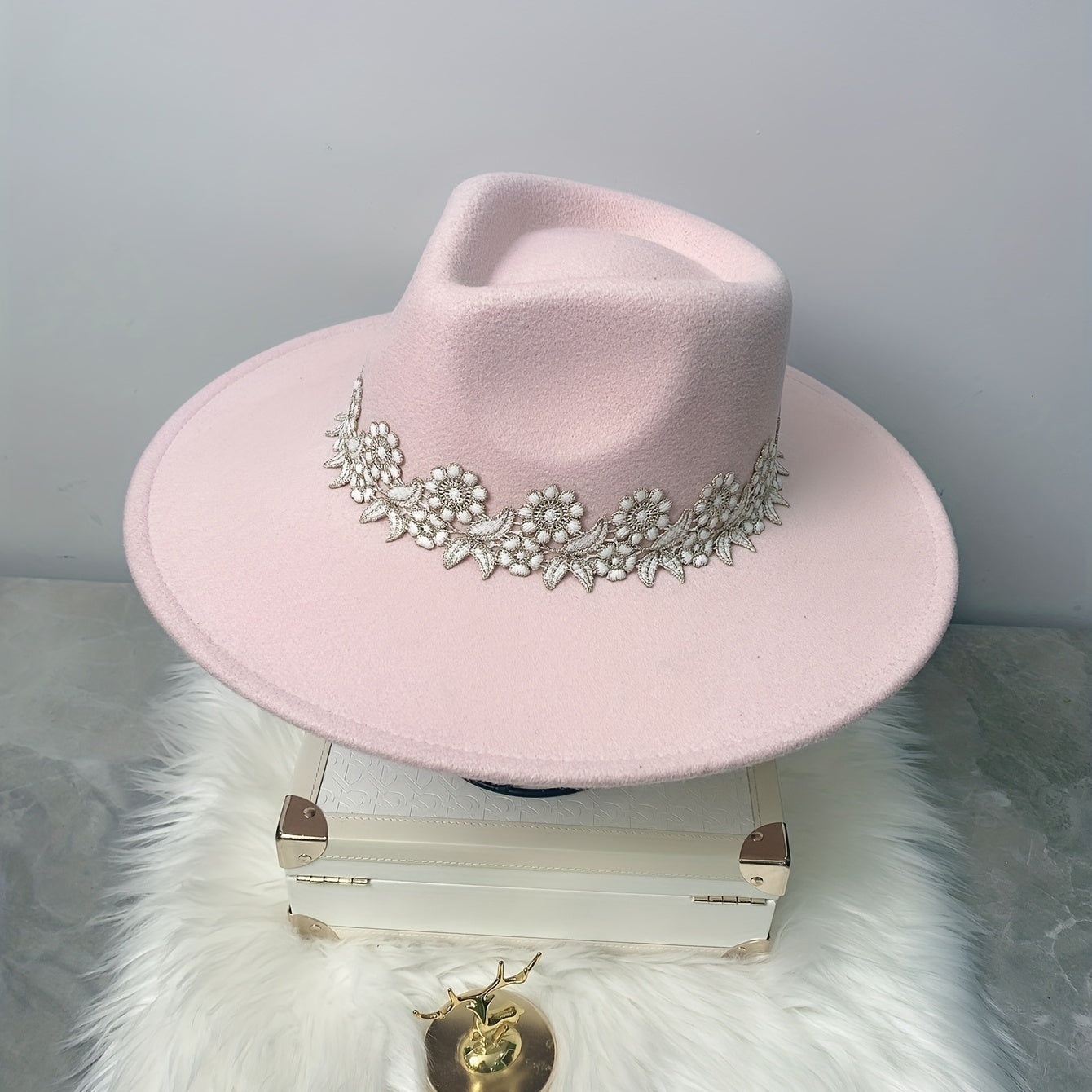 Pink Lace Flower Fedora Felt Hat for Women