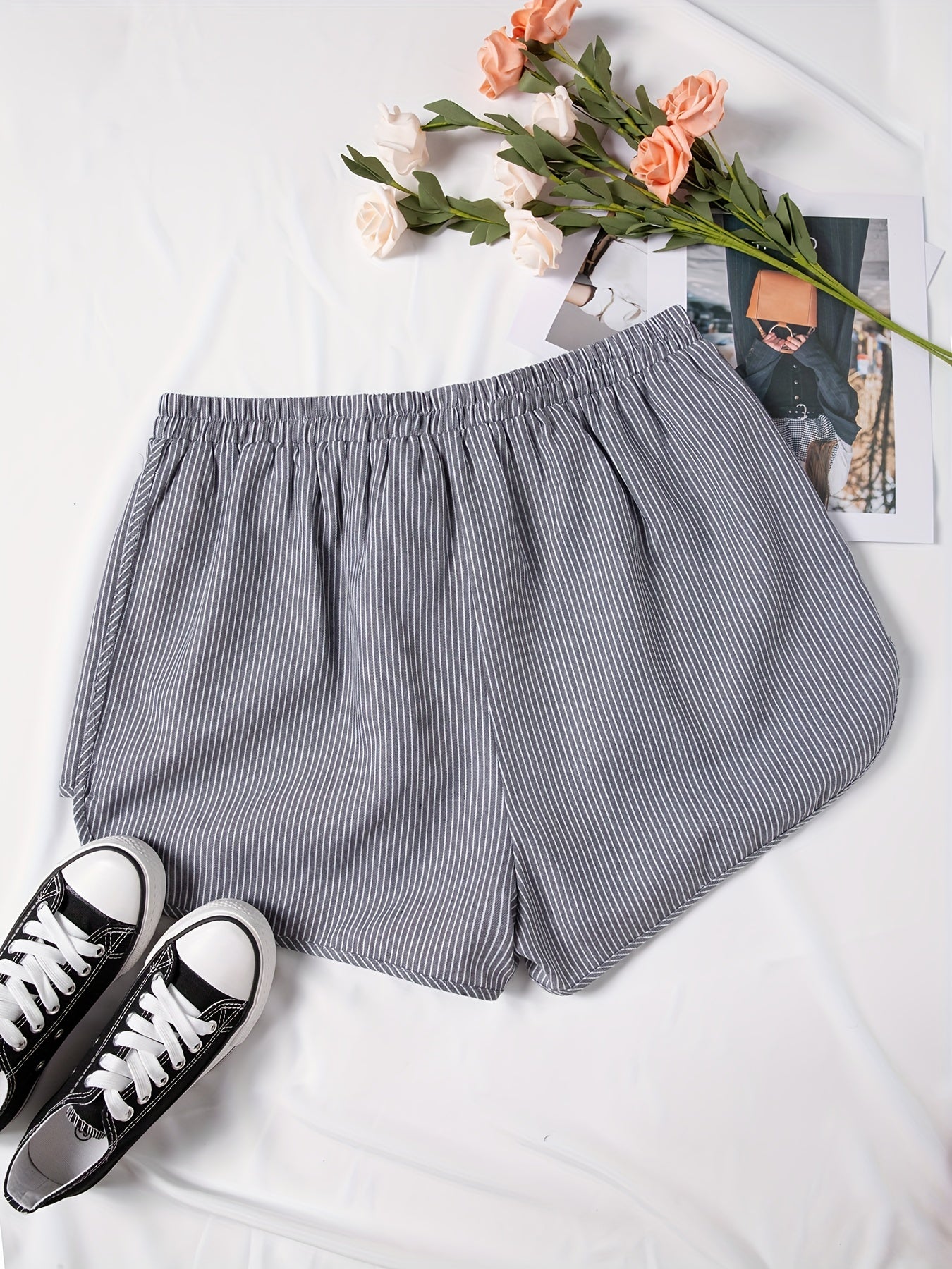  Stripe Print Elastic High Rise Stretch Shorts