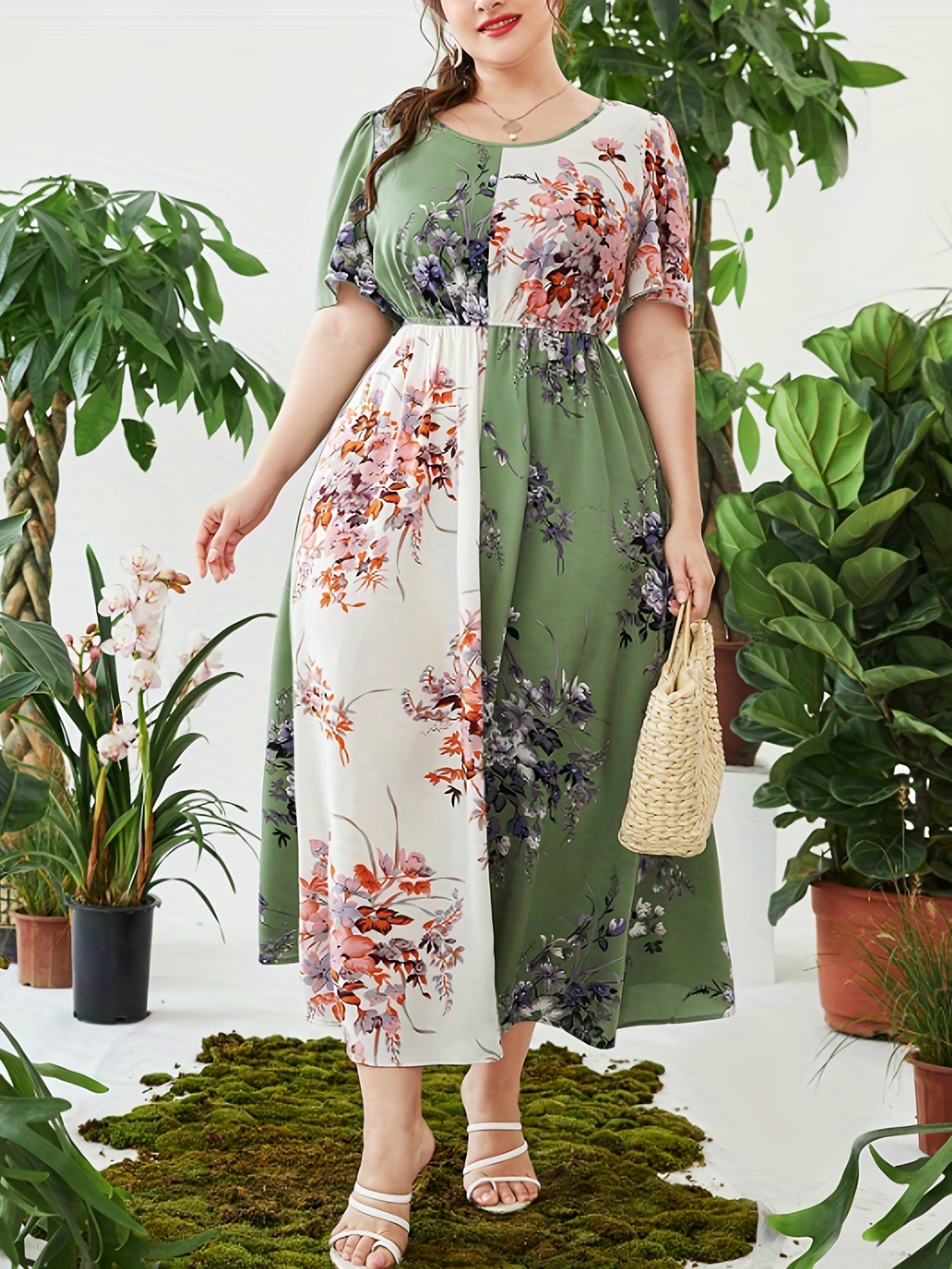  Boho Kaftan Dress Women's Plus Colorblock Floral Print Maxi Dress