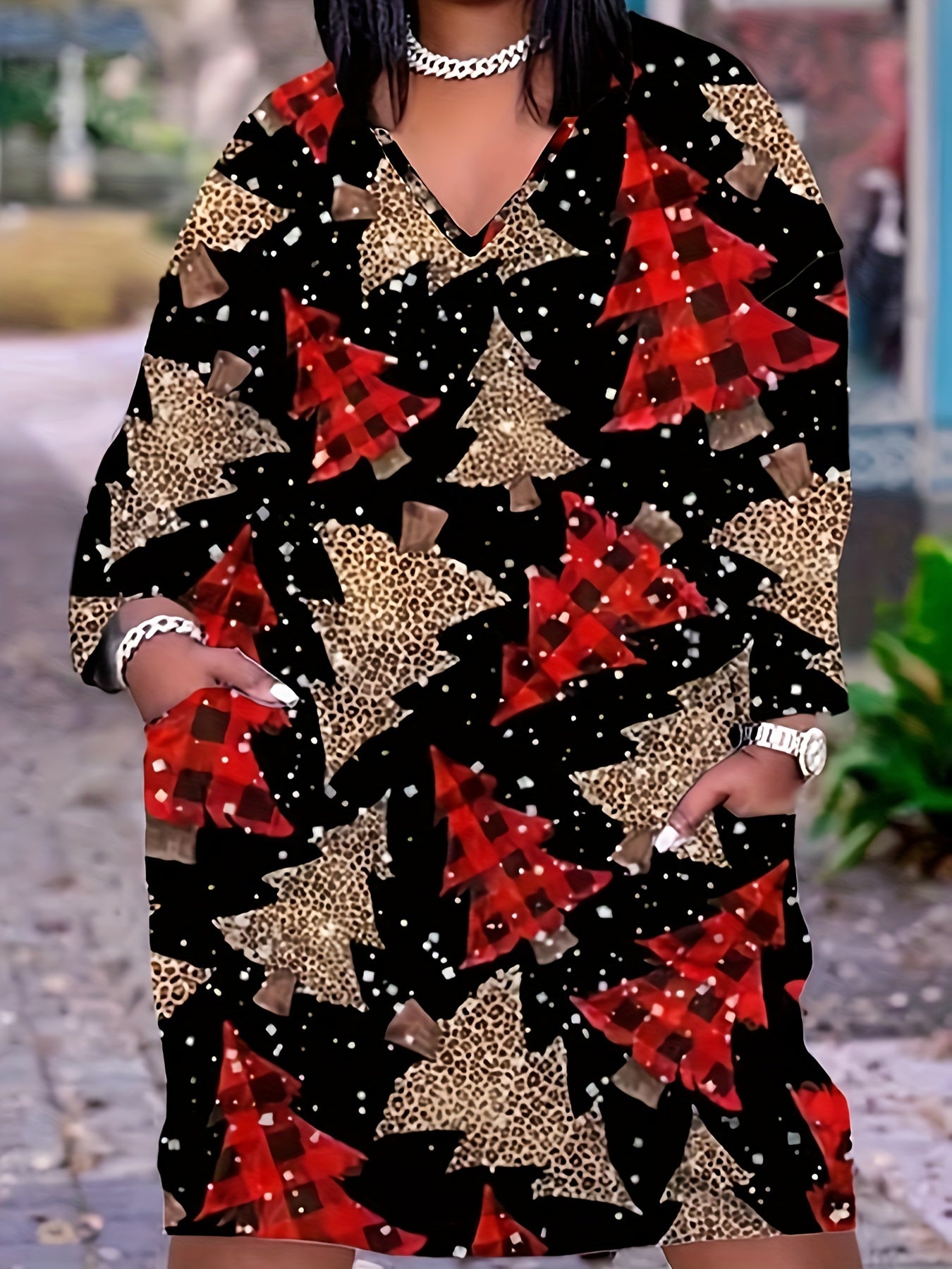 Women's Plus Christmas Tree Print Long Sleeve V Neck Dress