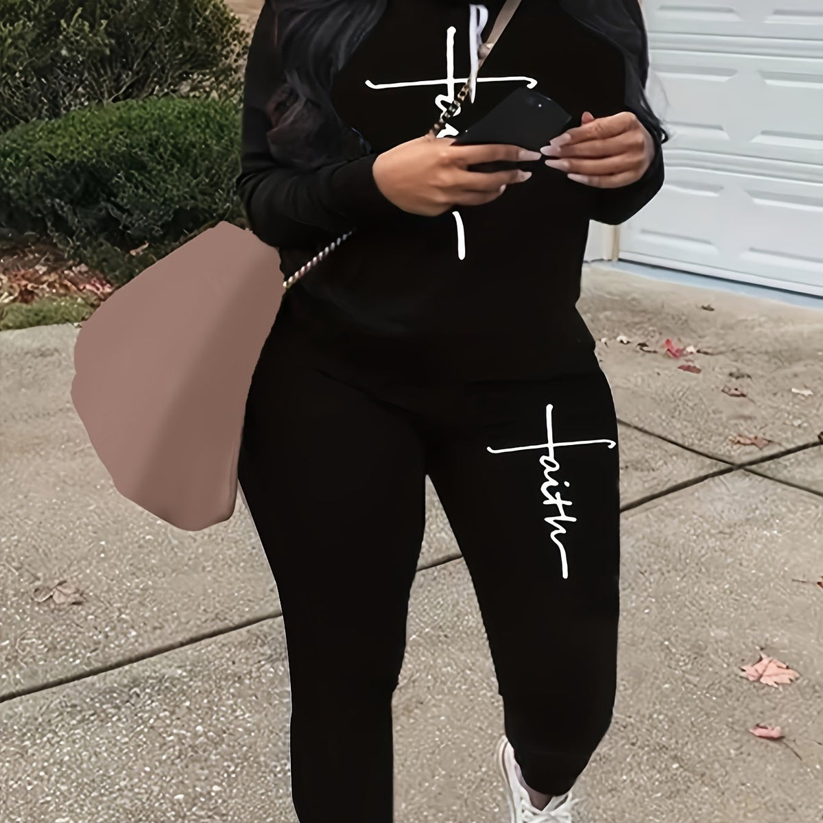  Women's Letter Print Hoodie & Pants Set