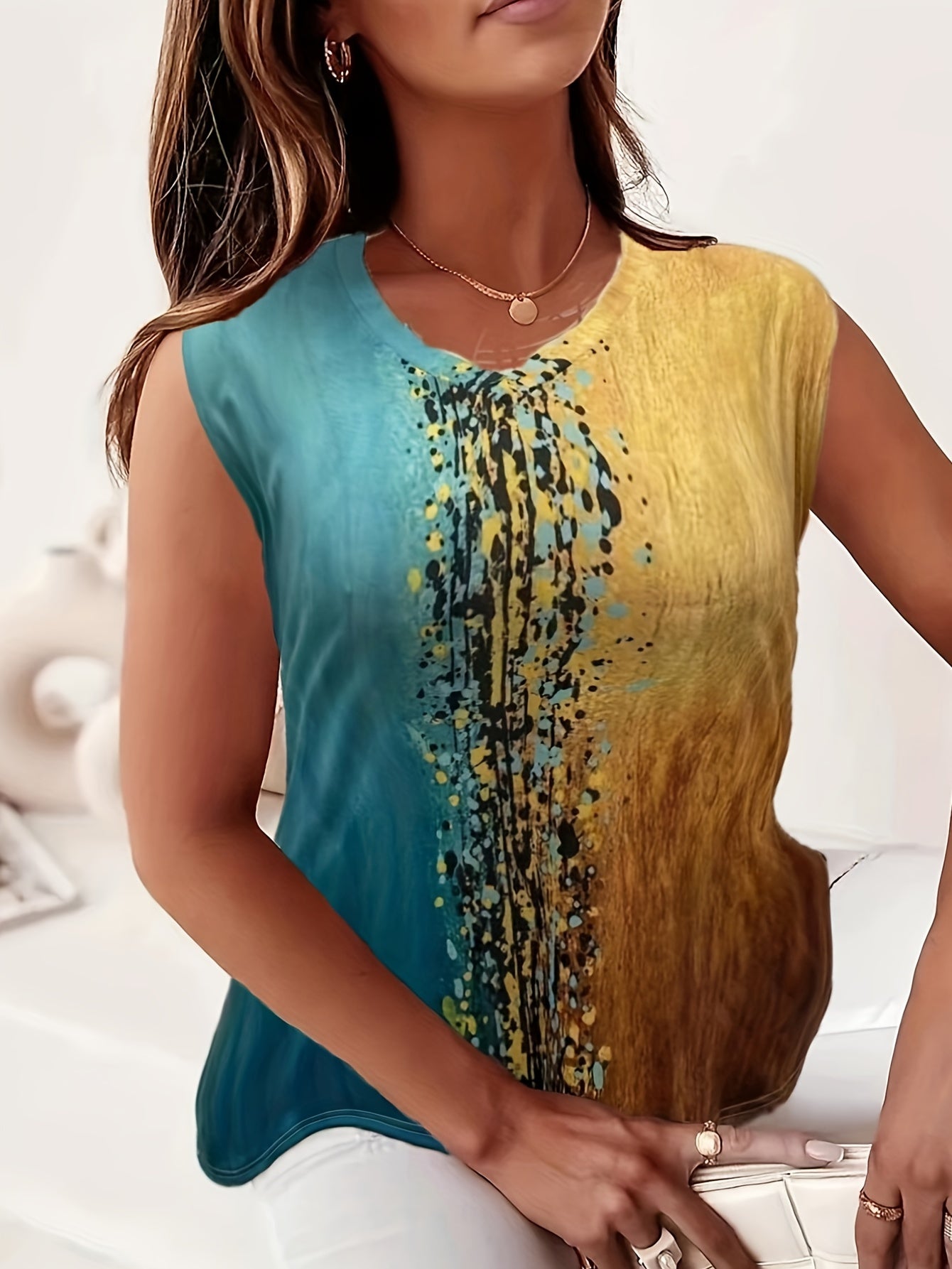  Colorblock Print V Neck Tank Top