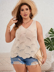  Solid Pointelle V-Neck Stretch Knit Tank Top