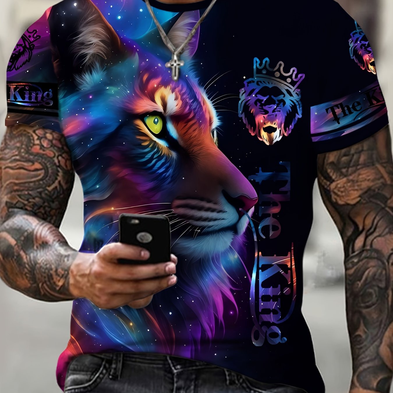 Men's Lion Graphic Print T Shirt Short Sleeve Comfortable Top