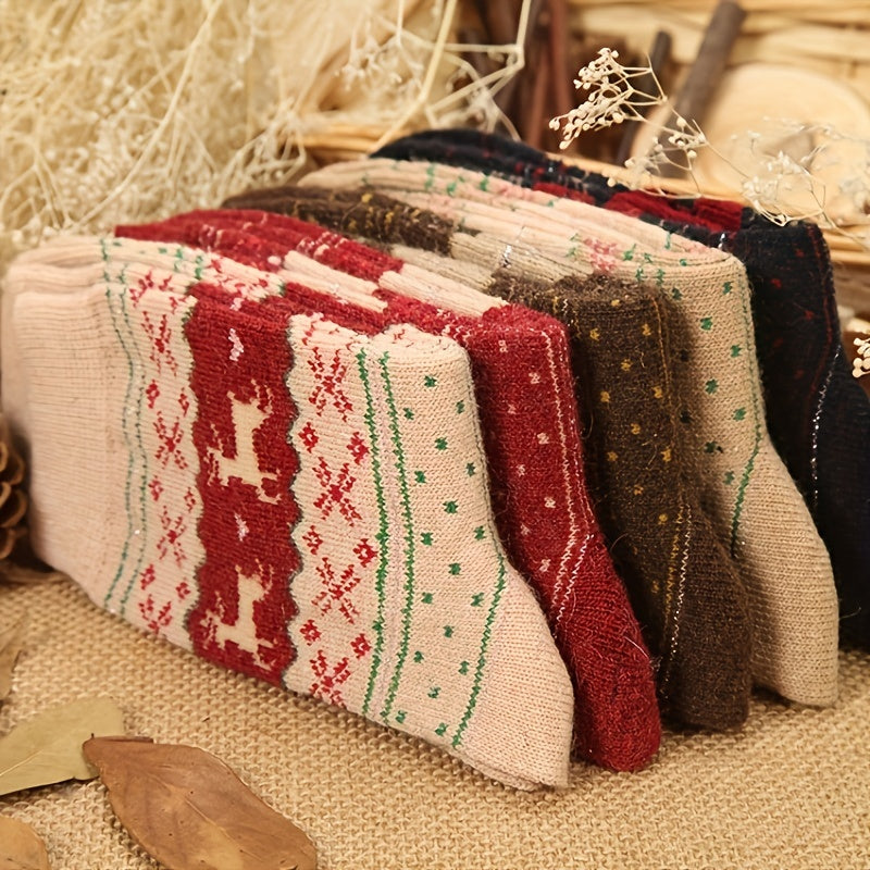 5 Pairs Christmas Elk Print Socks Warm Mid Tube Stockings