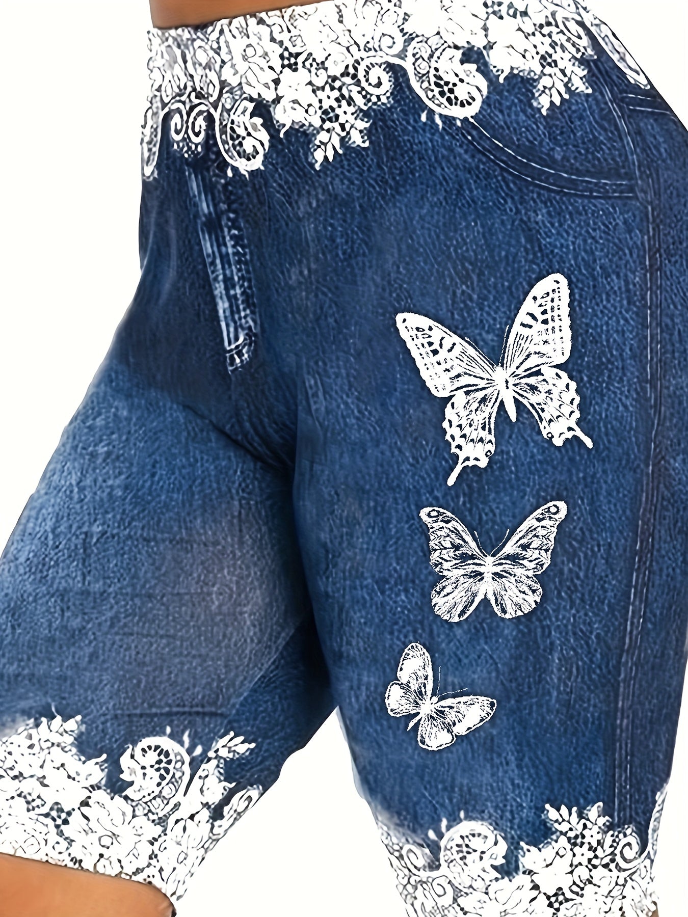  Denim & Butterfly Print Stretchy Skinny Shorts