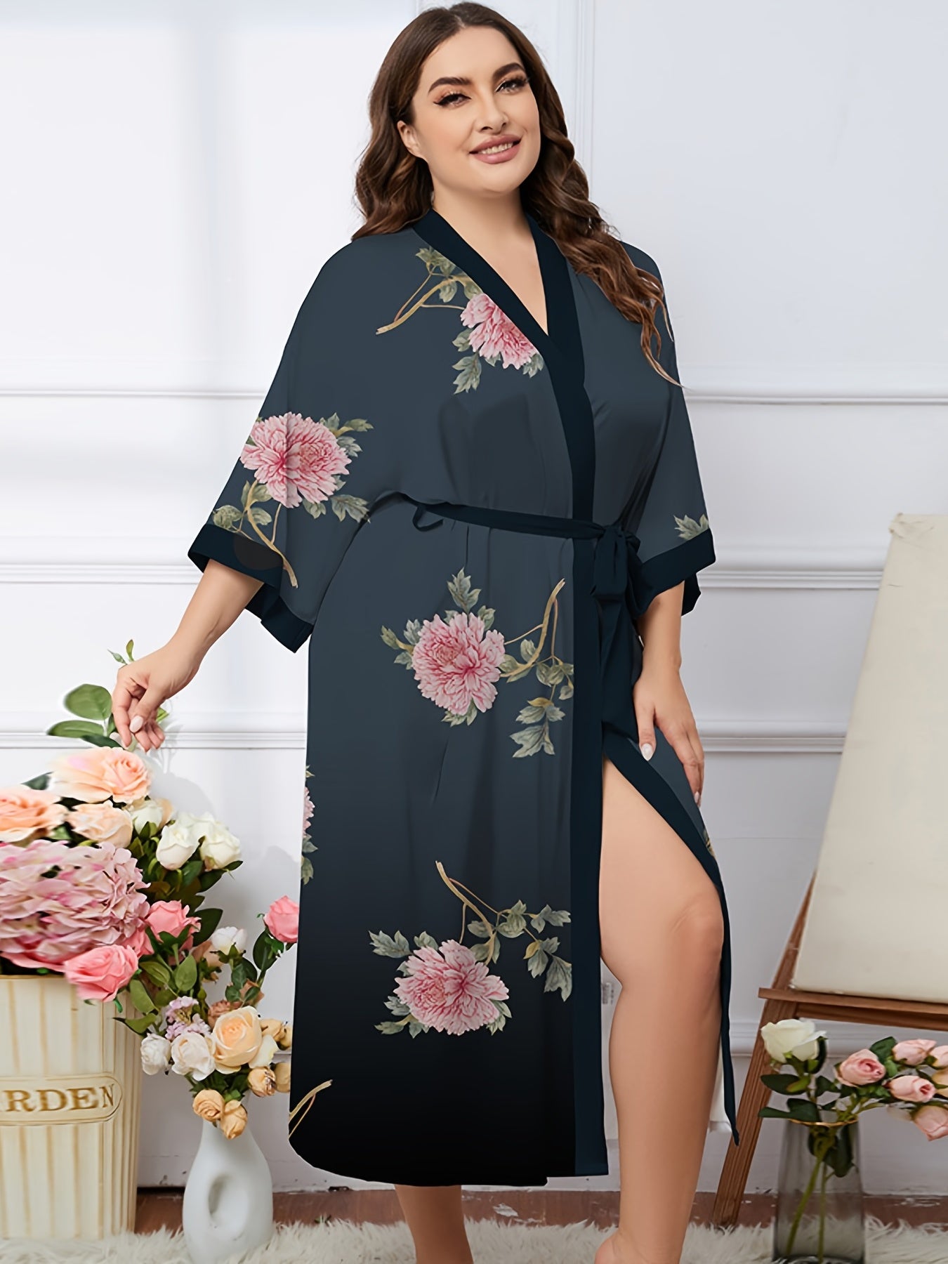  Ombre & Floral Print Long Sleeve Sleepwear Robe