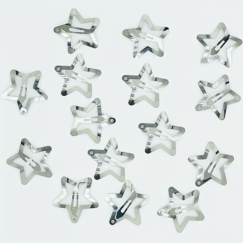 15pcs Y2K Silvery Snap Clip Hollow Star Shaped Hair Clip Alloy Hair Clip