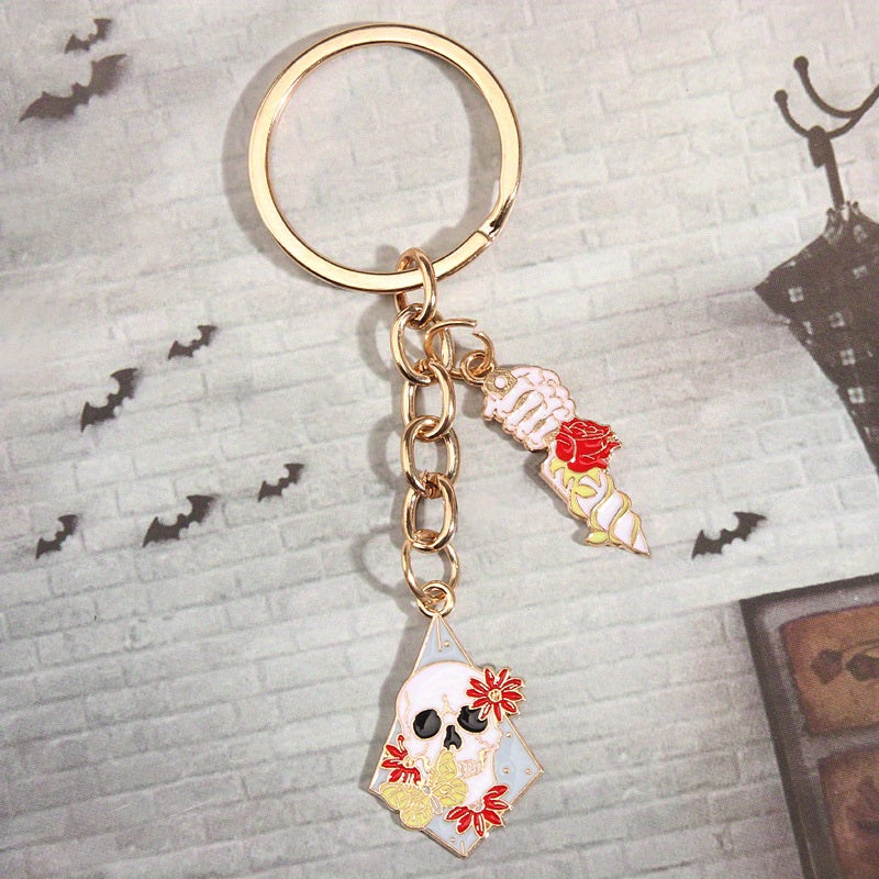 Y2K Rose Flower Skull Keychain Hiphop Punk Key Ring Purse Bag