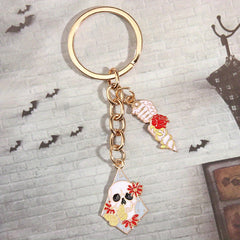 Y2K Rose Flower Skull Keychain Hiphop Punk Key Ring Purse Bag