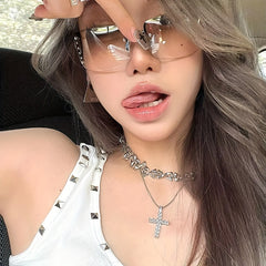 Y2K Wrap Around Sunglasses Gradient Lens Metal Frame UV400