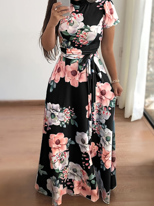  Floral Print Short Sleeve Maxi Dress With Belt