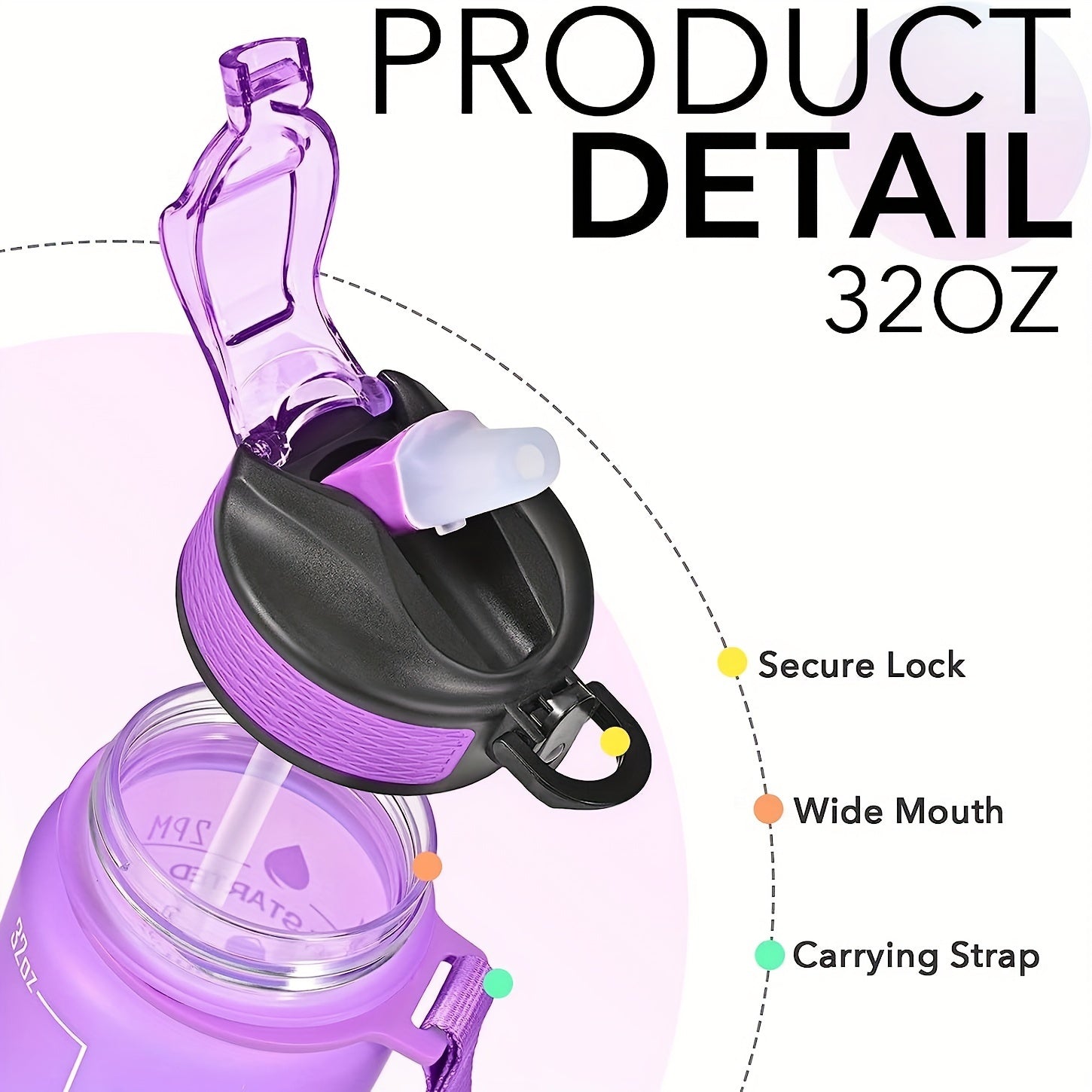 900ml Portable Water Bottle with Times Scale and Straw Leakproof Gradient Cup