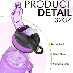 900ml Portable Water Bottle with Times Scale and Straw Leakproof Gradient Cup