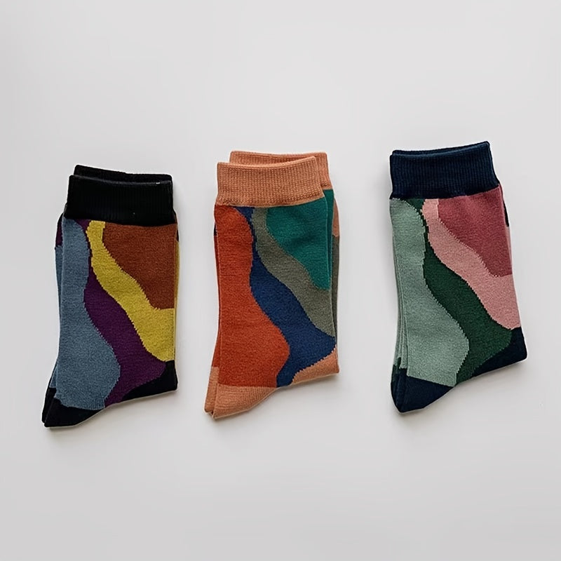 3 Pairs Retro Colorblock Socks Novelty Pattern Crew Socks Women's Stockings