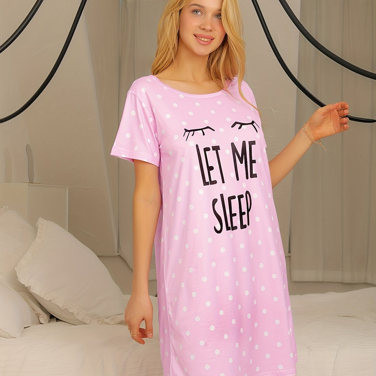 Polka Dot NightDress Short Sleeve Crew Neck Pajama Dress