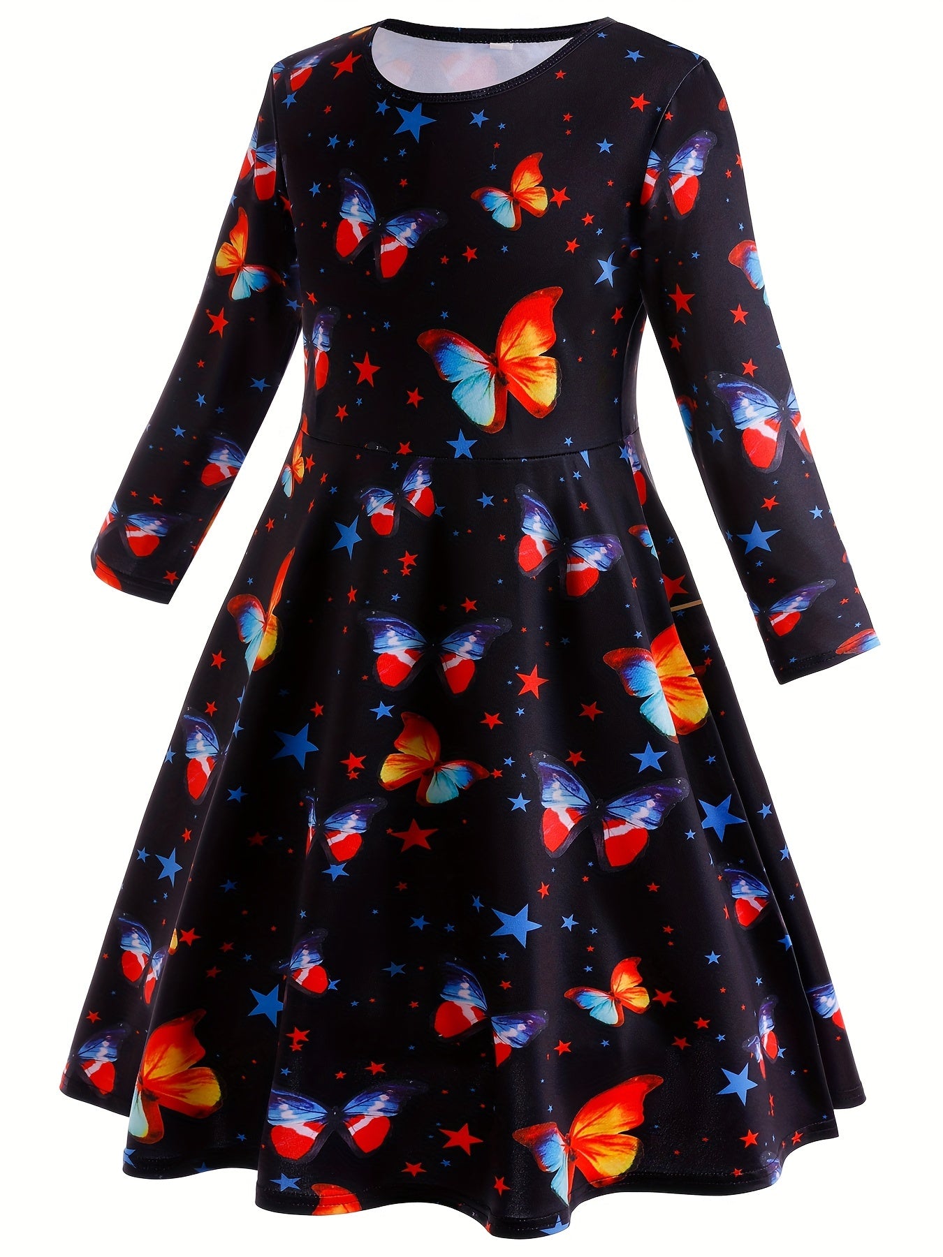Butterfly Graphic Crew Neck Long Sleeve Dress Girls