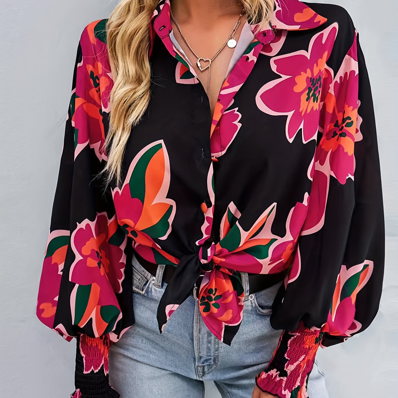  Floral Print Button Up Lantern Sleeve Blouse
