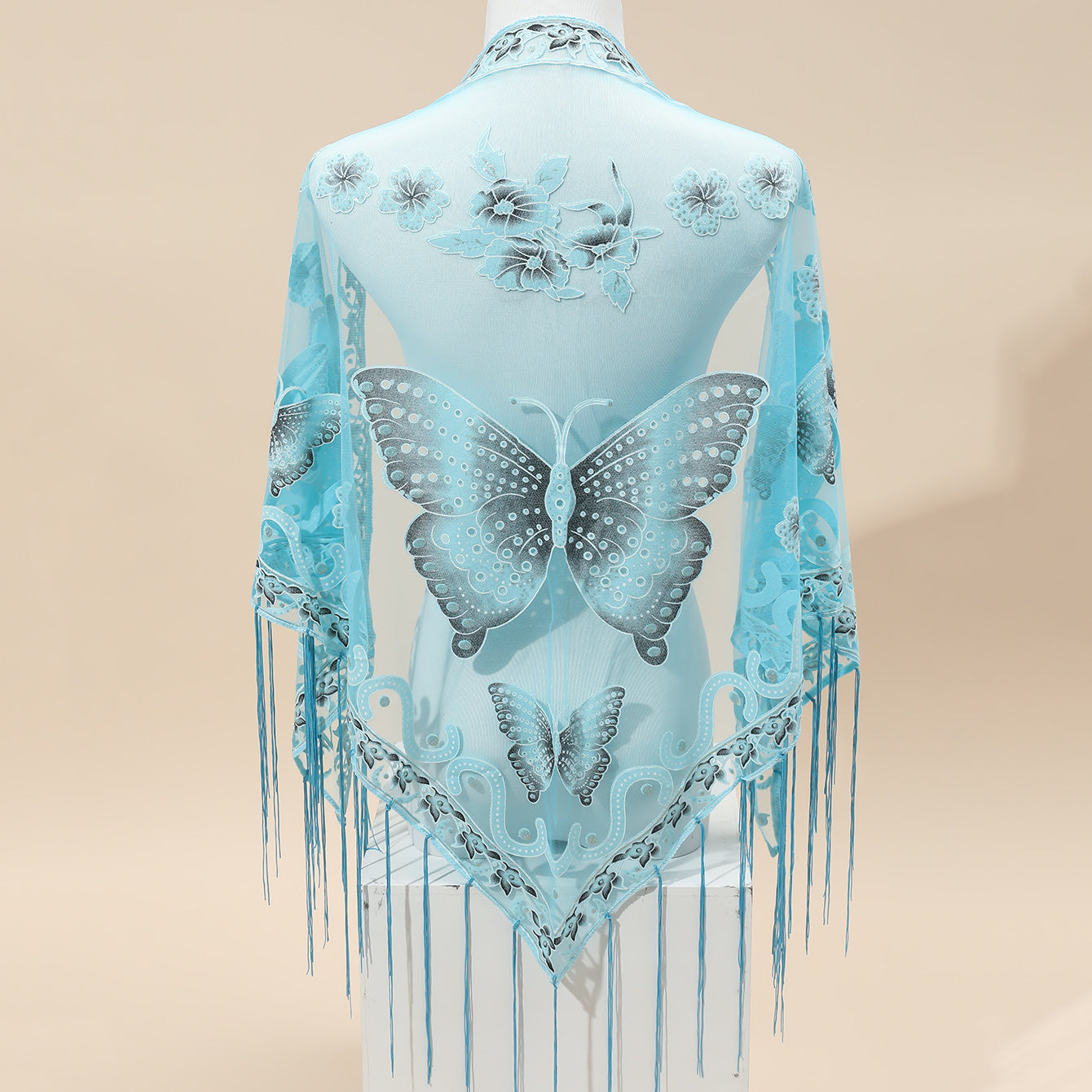 Triangle Scarf Butterfly Flower Embroidery Lace Tassel Shawl