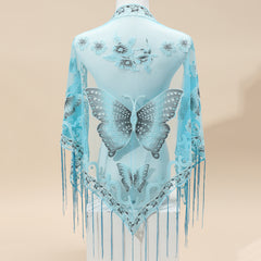 Triangle Scarf Butterfly Flower Embroidery Lace Tassel Shawl