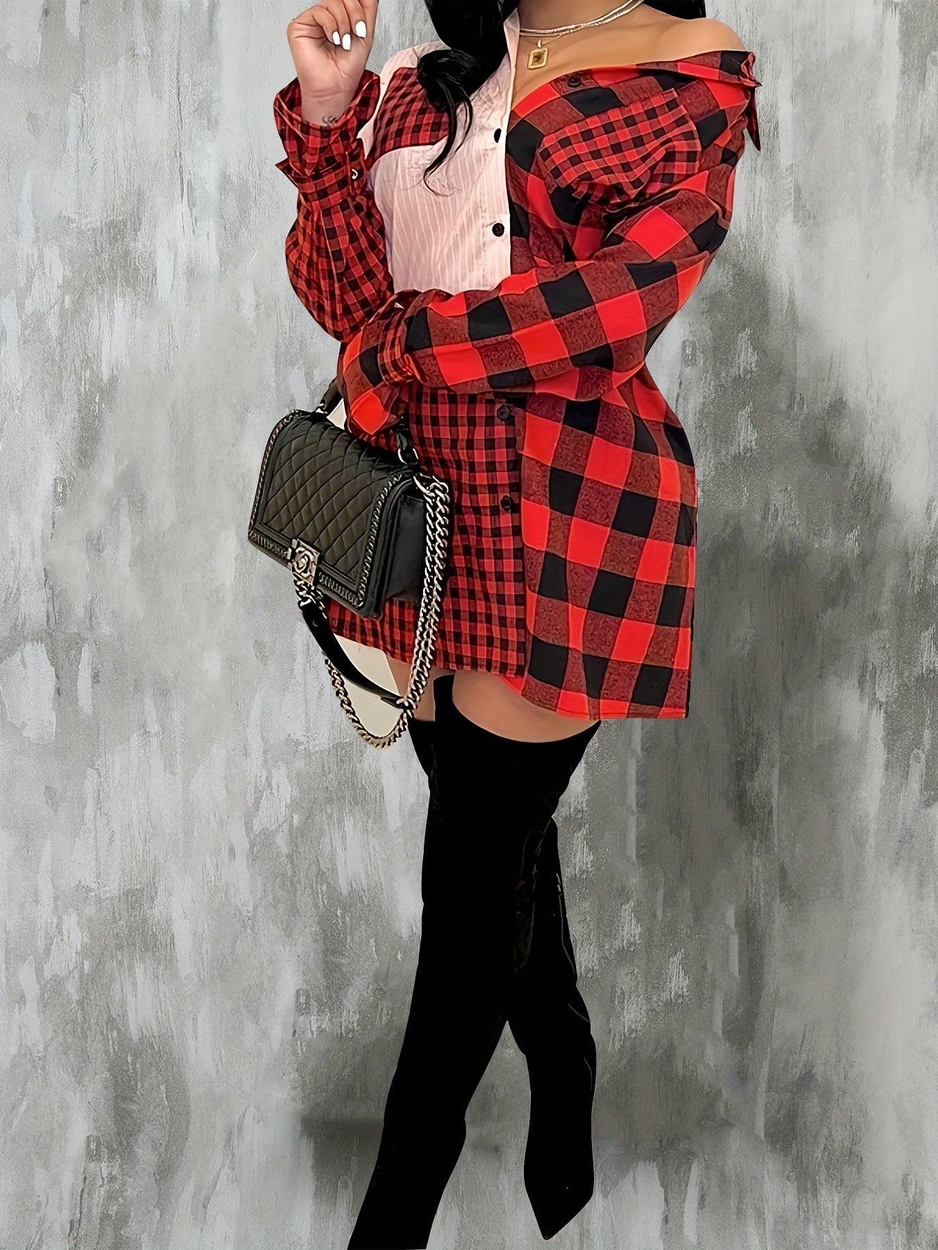  Colorblock Gingham Print Long Sleeve Dress