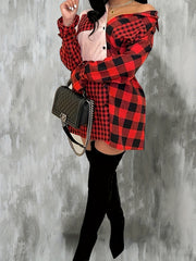  Colorblock Gingham Print Long Sleeve Dress