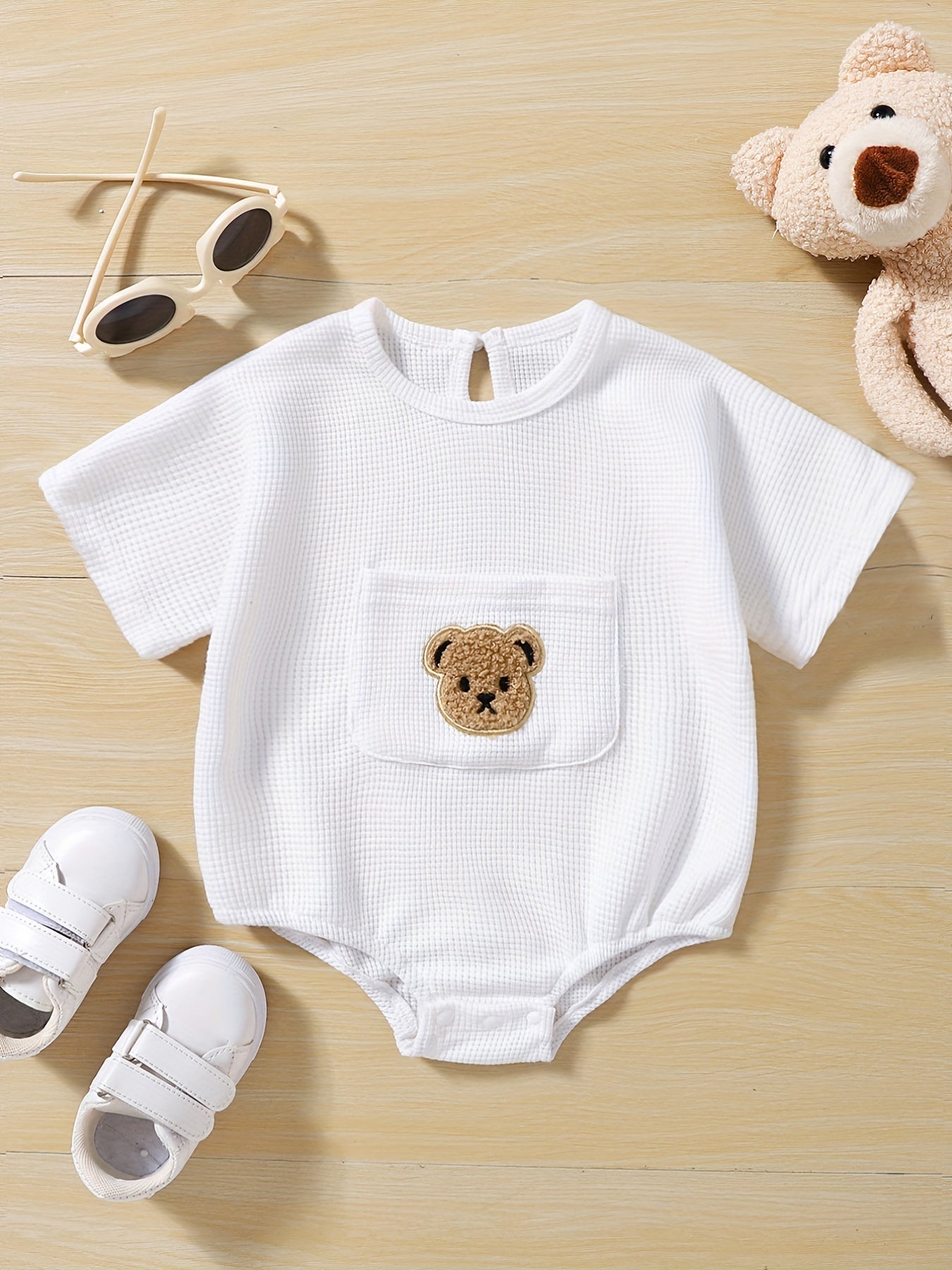Baby Girls Romper Knit Clothes Waffle Bear Pocket Onesie