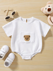 Baby Girls Romper Knit Clothes Waffle Bear Pocket Onesie