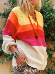  Colorblock Stripe Lantern Sleeve V Neck Sweater